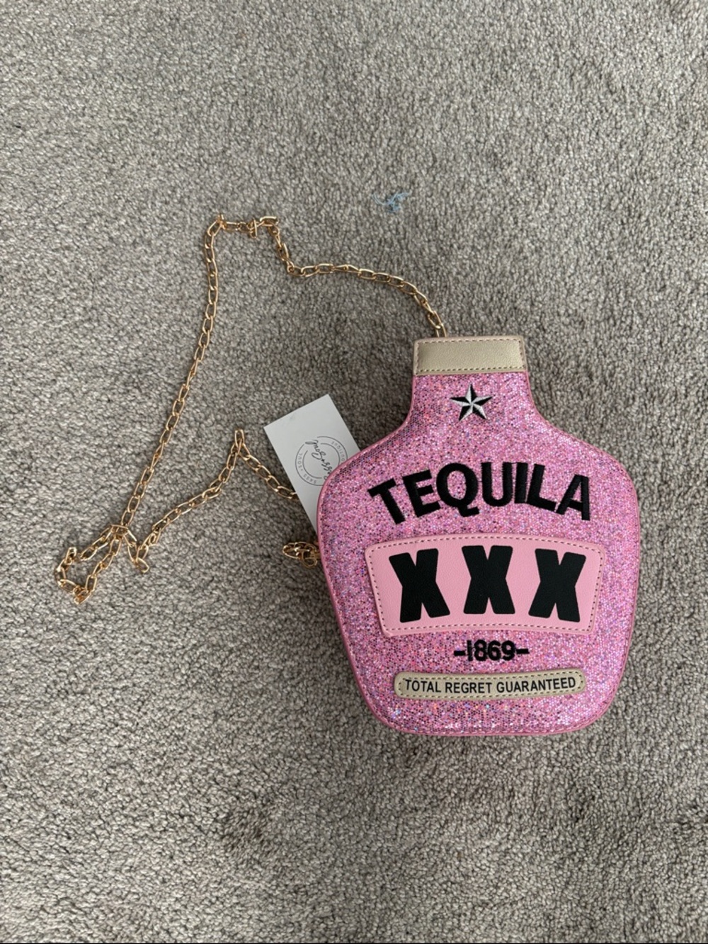 Pink Glitter 'Tequila XXX' Bottle Crossbody Bag with Gold Chain